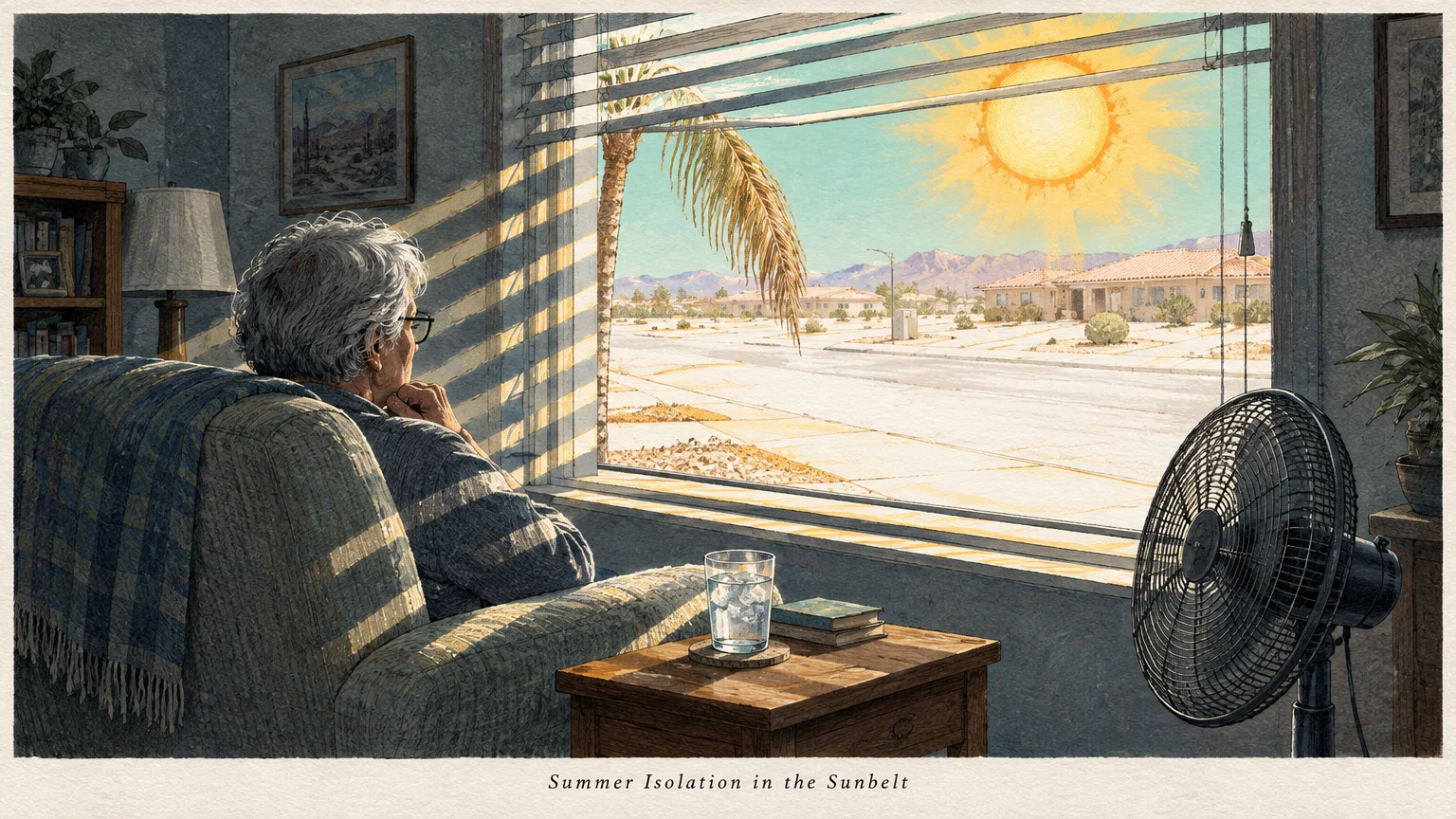 Illustration of an older person sitting by a window with a fan, looking out at a blazing desert sun and street.