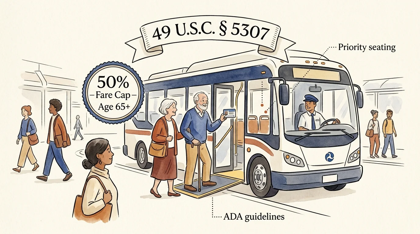 Illustration of seniors boarding an accessible public bus with diagrams highlighting federal transit rules and fare caps.