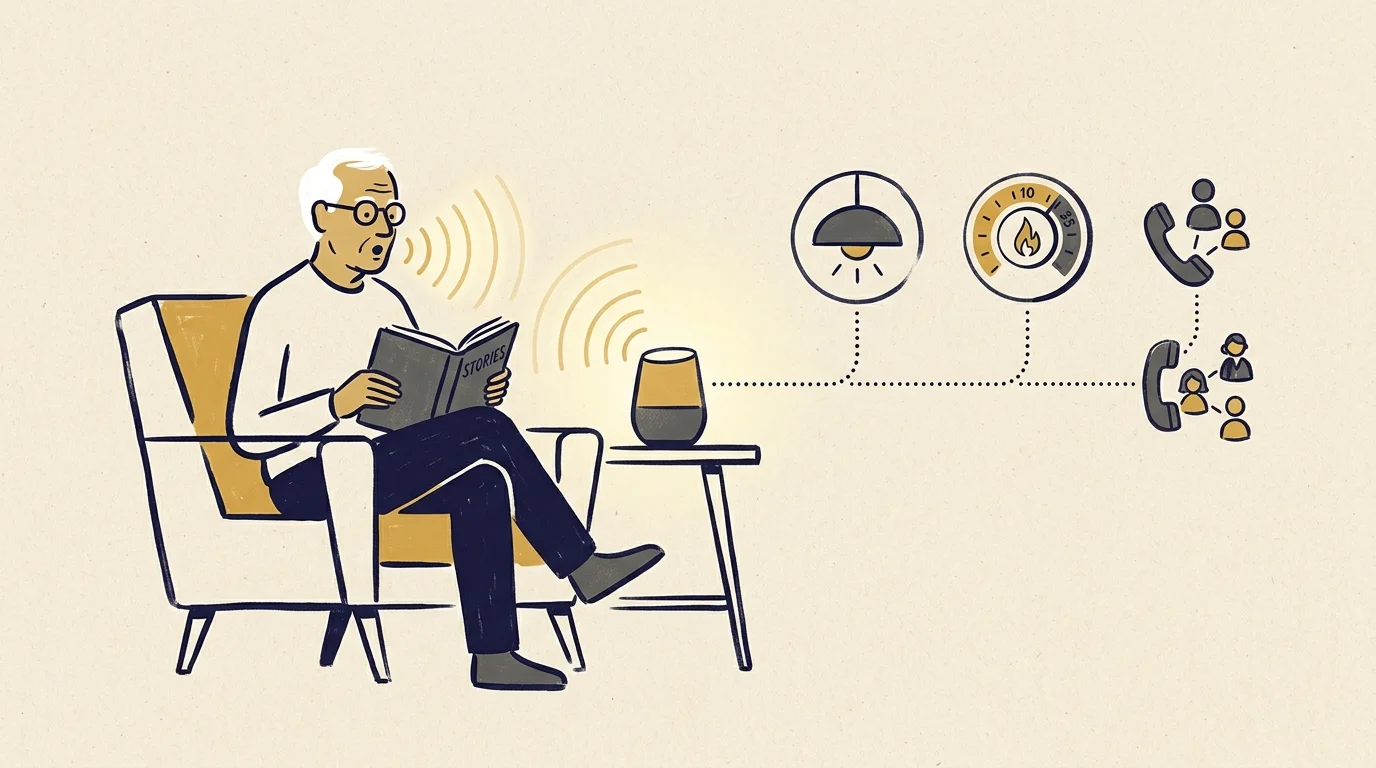 Illustration of an older man in an armchair speaking to a smart speaker linked to icons for lights, heat, and phone calls.