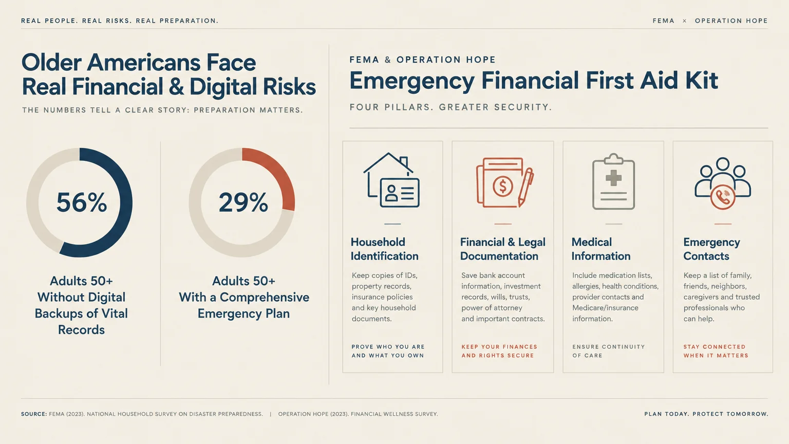 Infographic showing statistics on older adults and four Emergency Financial First Aid Kit recovery pillars.