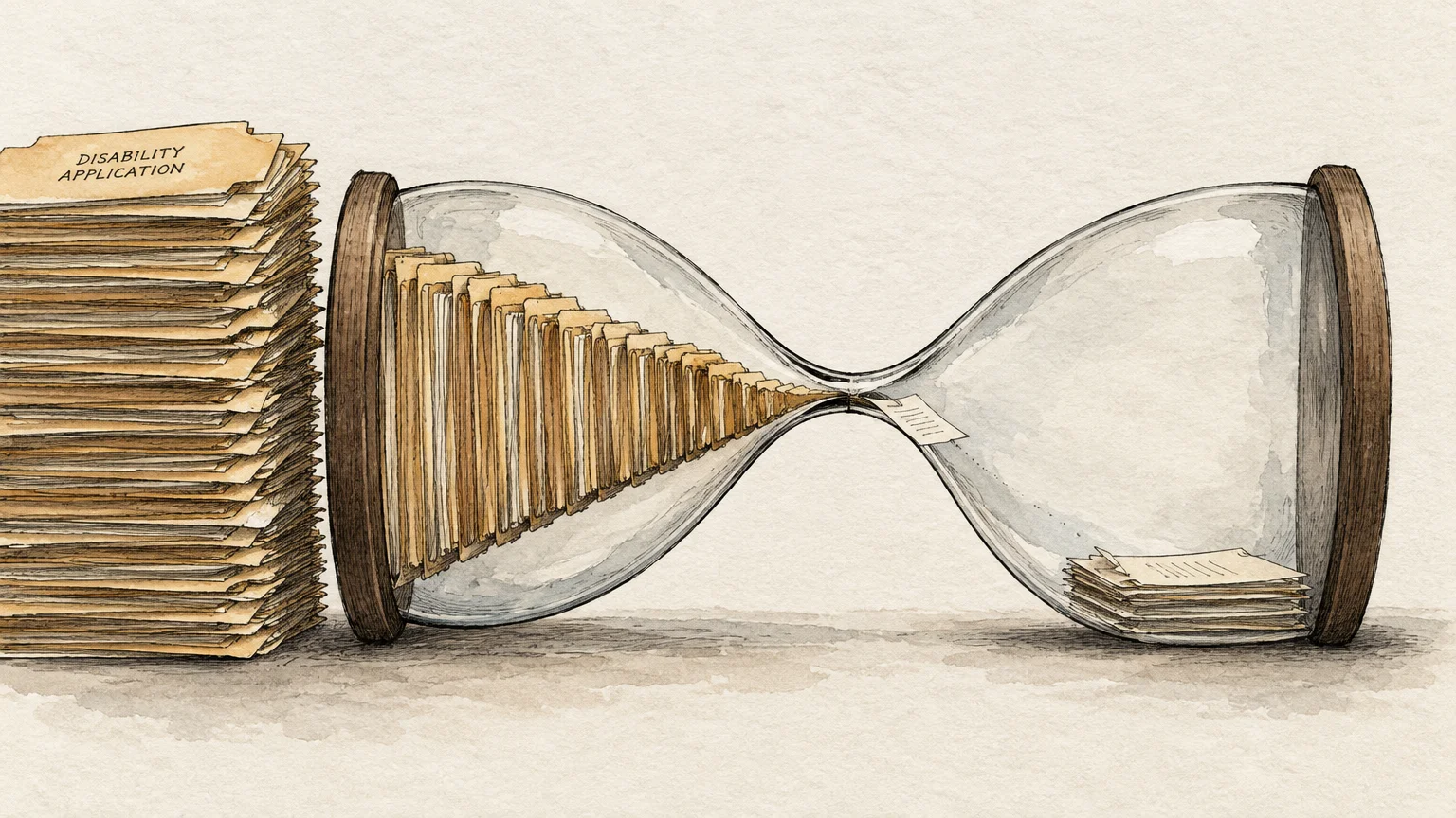 Illustration of a horizontal hourglass with disability application files narrowing through the neck into single papers.