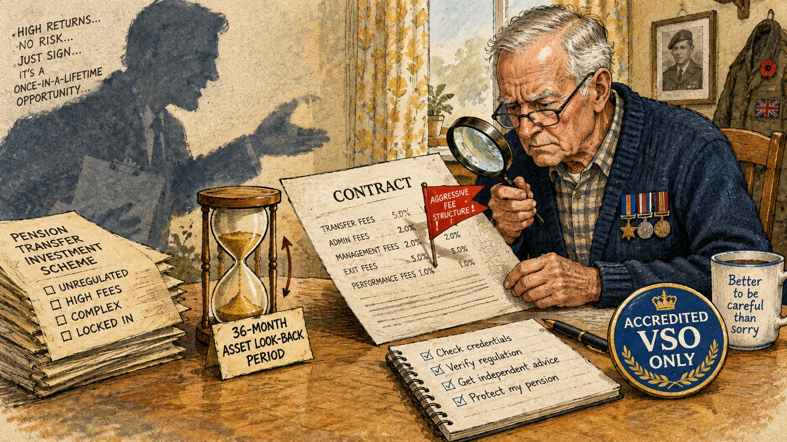 An elderly veteran examines a contract using a magnifying glass beside an hourglass and an Accredited VSO badge.