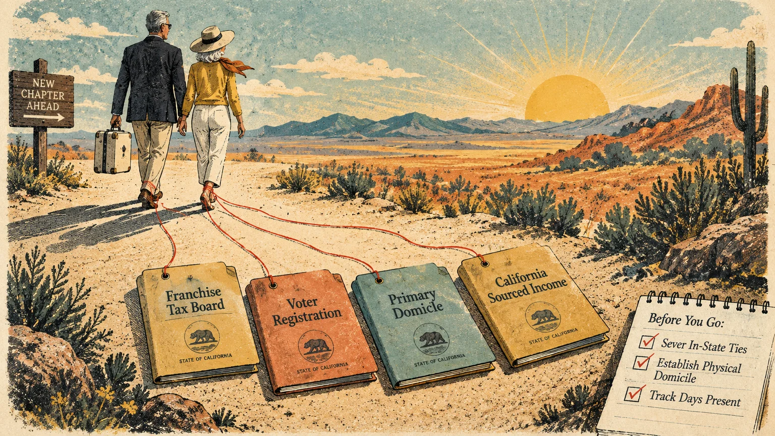 Illustration of a couple walking toward a desert sunrise, tethered by red strings to California legal and tax folders.