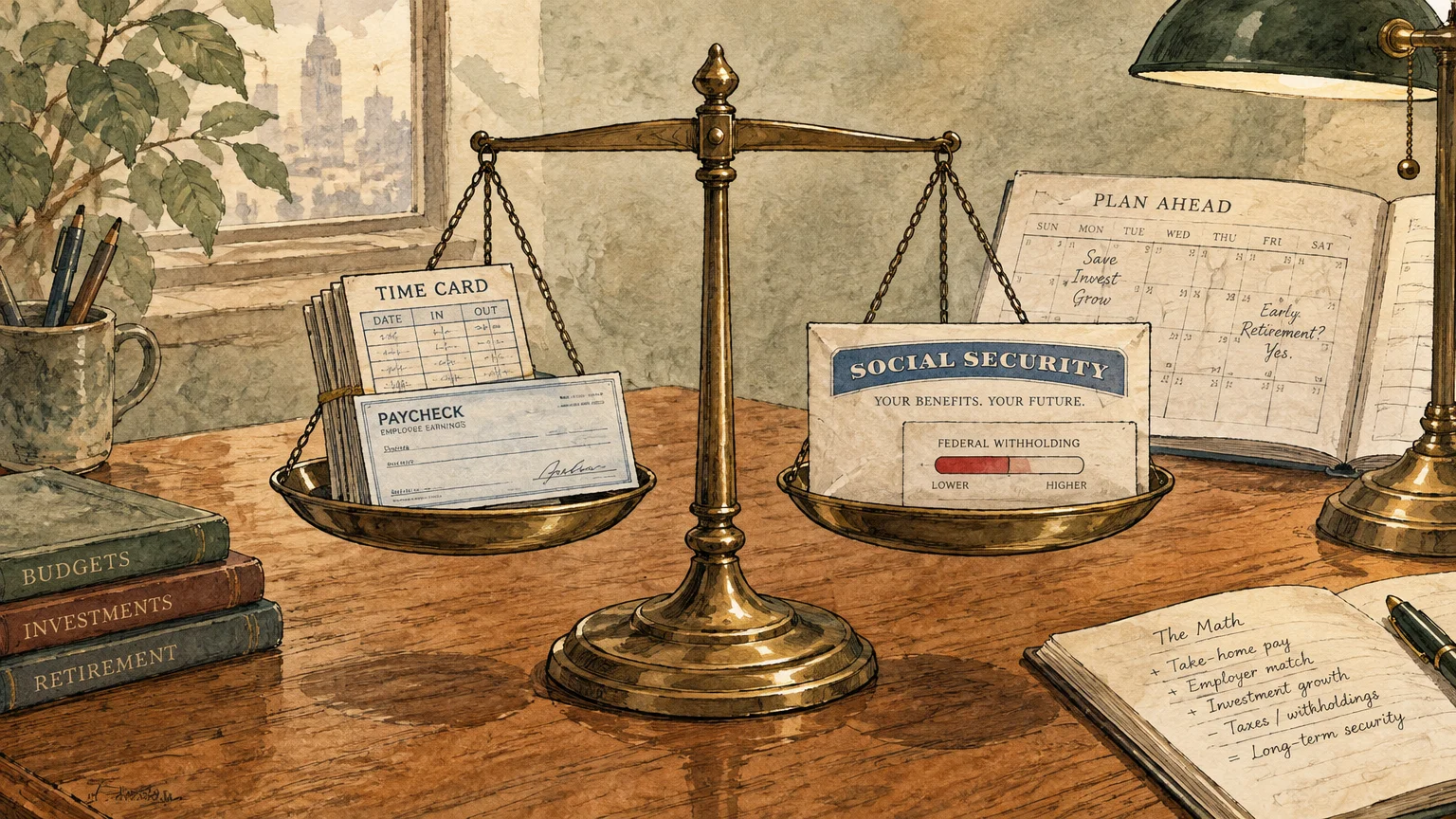 Brass balance scale on a wooden desk weighing a paycheck and time cards against a Social Security document.