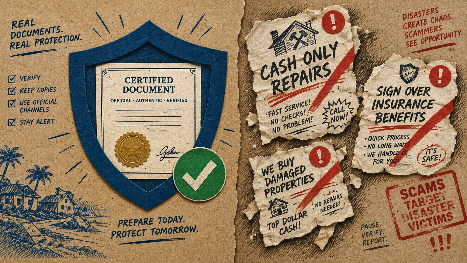 Collage with a certified document inside a blue shield alongside torn flyers warning against repair and property scams.
