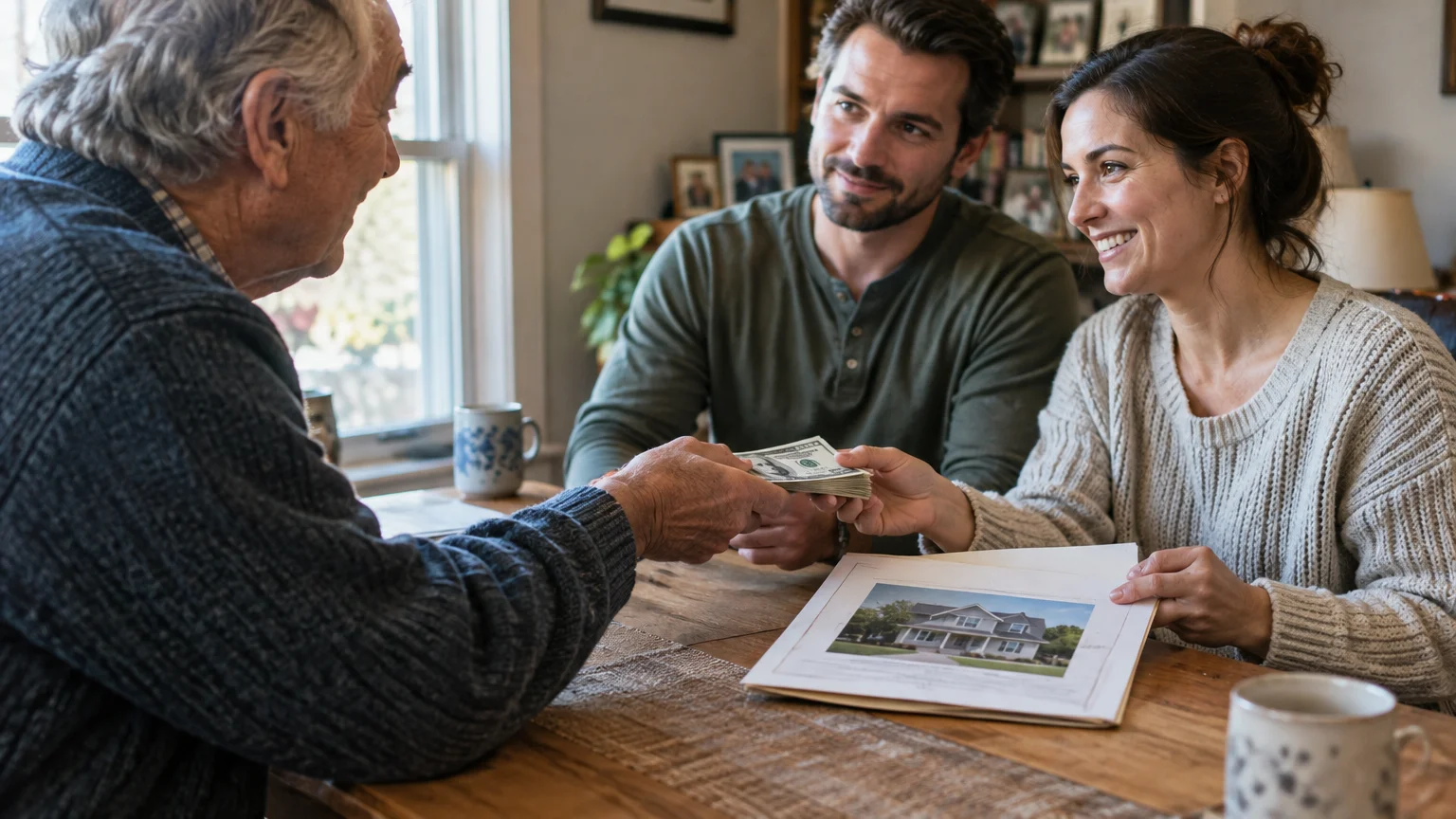 An older man hands a stack of cash across a table to a smiling young couple holding house photos.