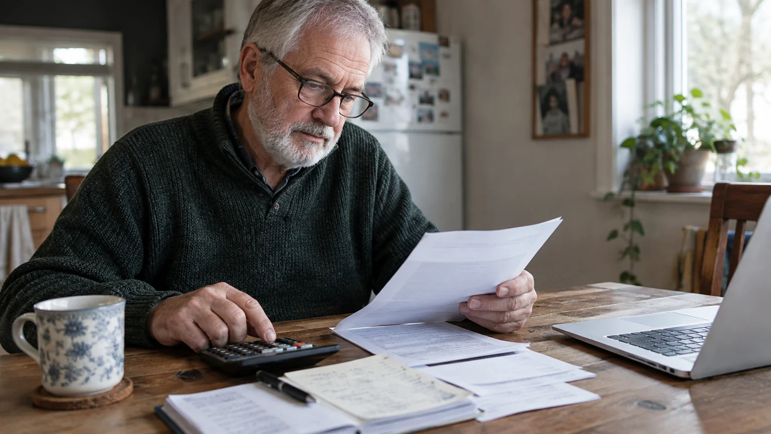 Senior man with glasses reviewing paperwork at a dining table with a calculator, laptop, and coffee mug.