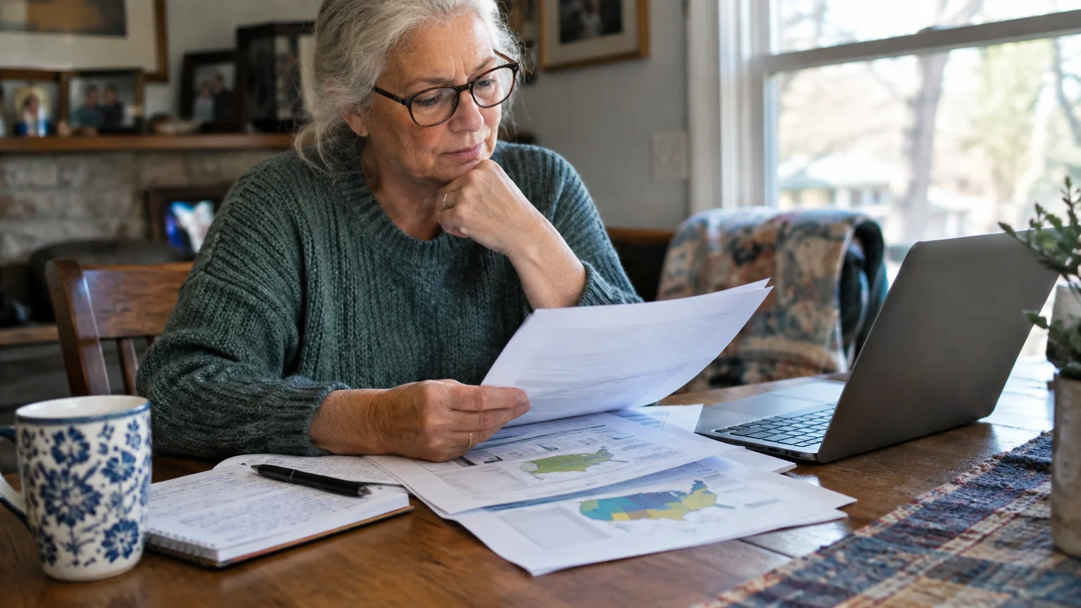 A senior woman wearing glasses sits at a wooden table reviewing printed papers next to a laptop and notebook.