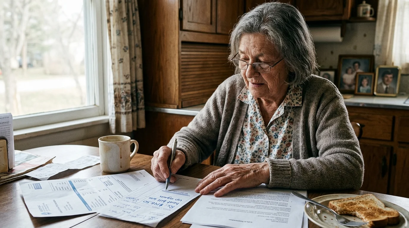 An older woman with glasses sits at a kitchen table reviewing bills and writing notes beside a mug and toast.
