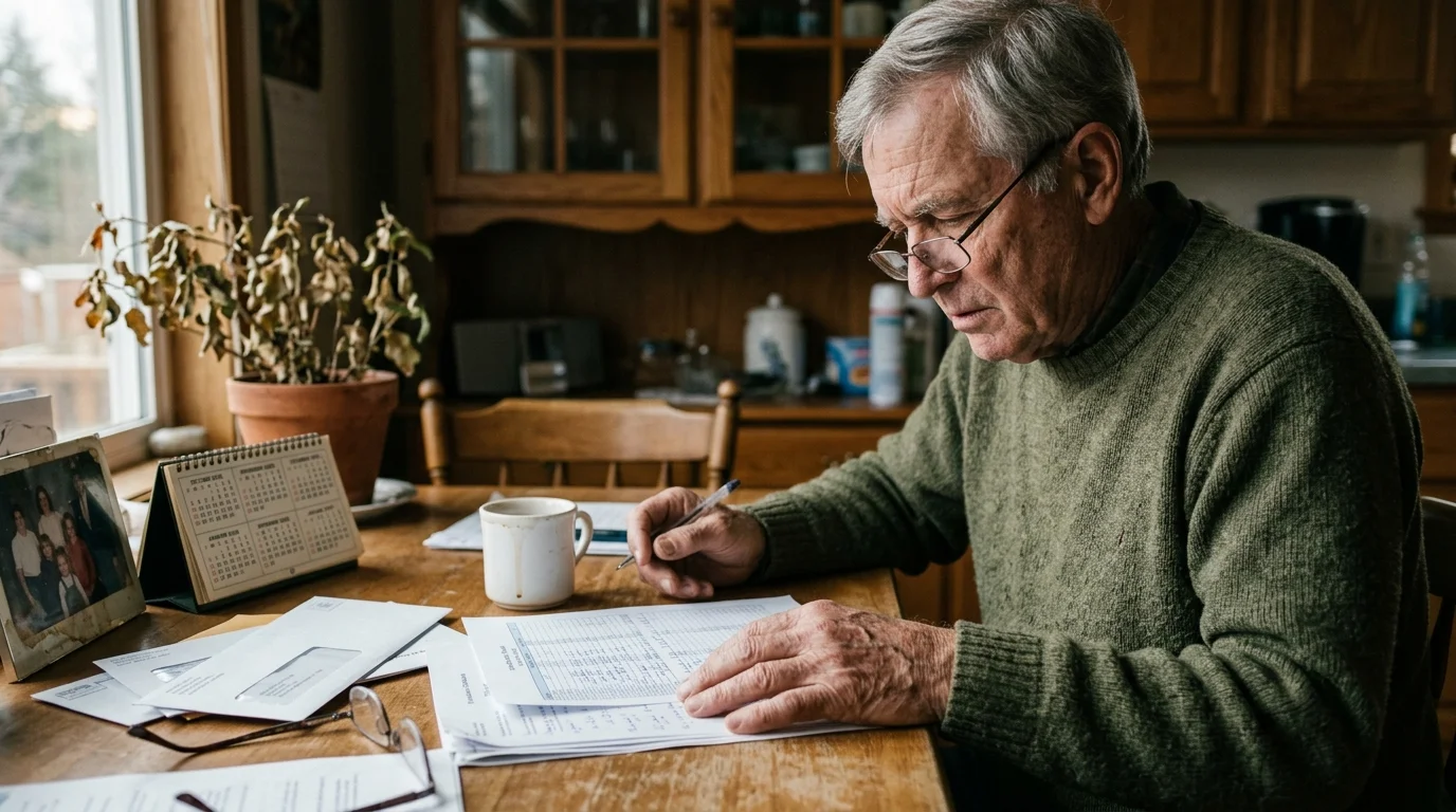 An older man wearing glasses and a green sweater sits at a wooden table reviewing papers with a pen in hand.