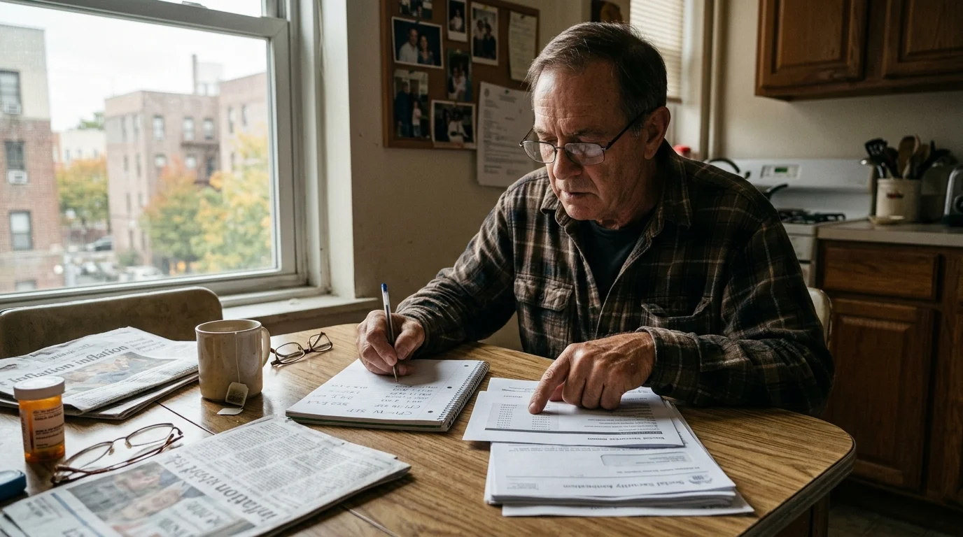 An older man wearing glasses and a plaid shirt reviews paperwork and writes in a notebook at a kitchen table.