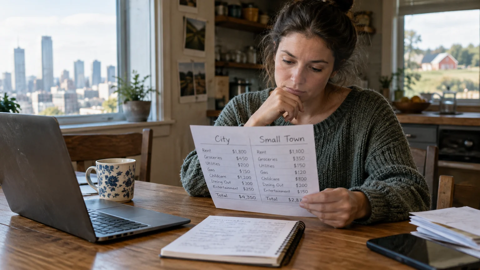 Woman at a table holding a printed budget comparing city and small town expenses, beside a laptop and notebook.