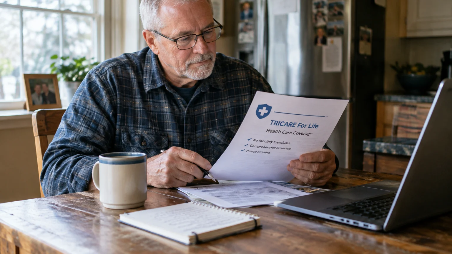 A senior man in glasses reads a TRICARE For Life document at a wooden table beside a laptop and coffee mug.