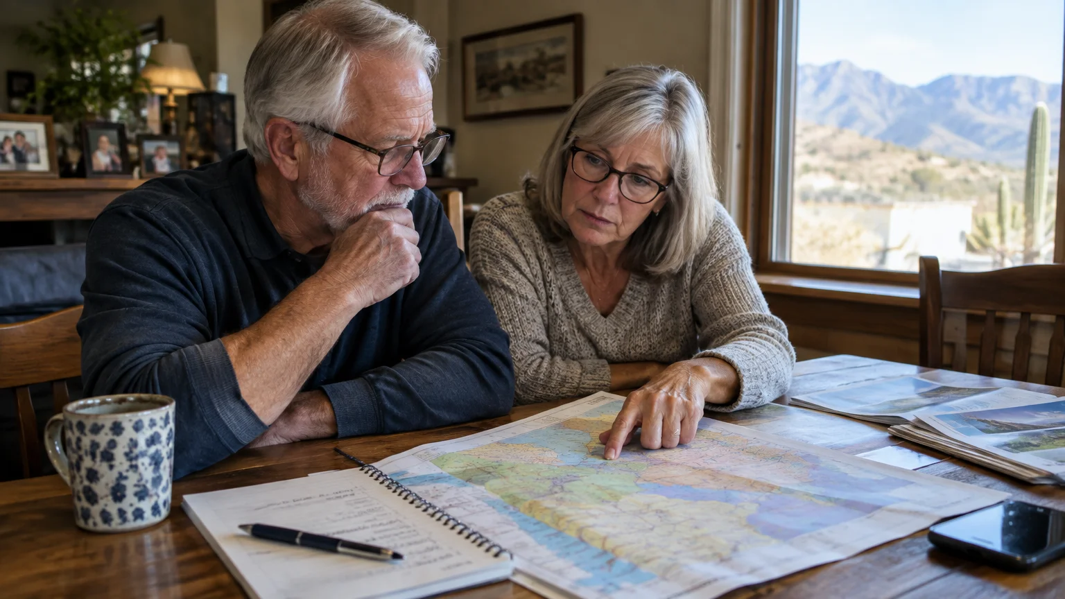 An older couple sitting at a wooden table examines a spread-out map near a window overlooking desert mountains.