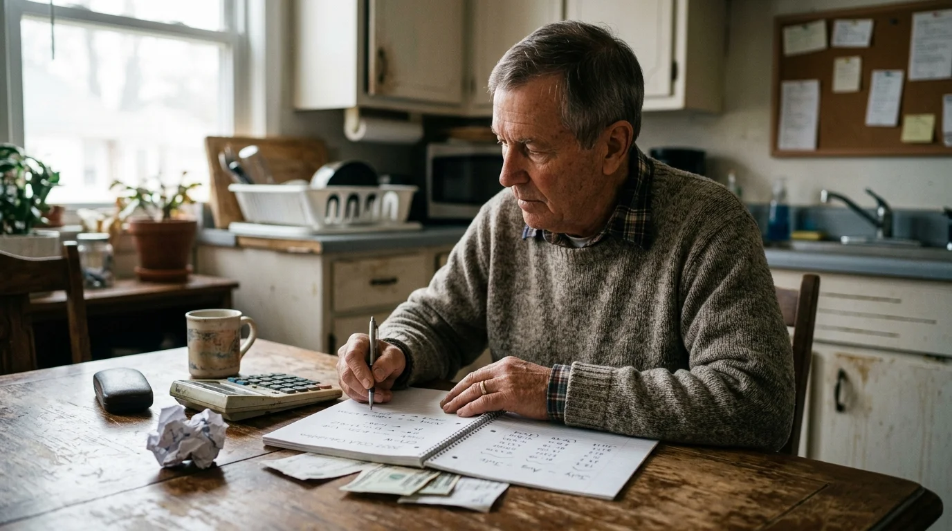 An older man sits at a wooden kitchen table writing in a notebook next to a calculator and cash.