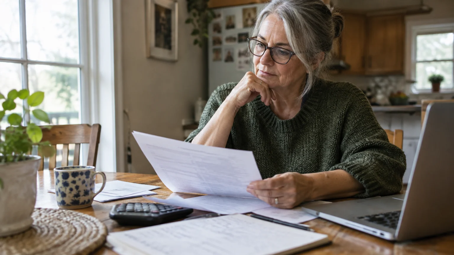 A mature woman wearing glasses reviews paperwork at a wooden table with a laptop, calculator, and mug.