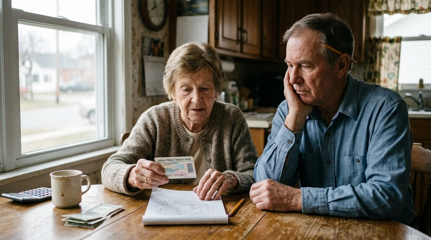 An older couple sits at a kitchen table reviewing finances, cash, and a local public transit pass.