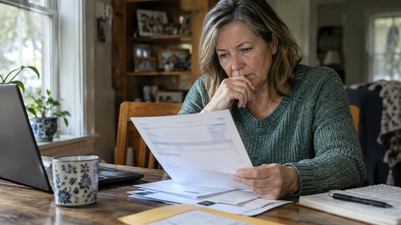 A woman sits at a wooden table looking thoughtfully at a paper document with a laptop and coffee mug nearby.