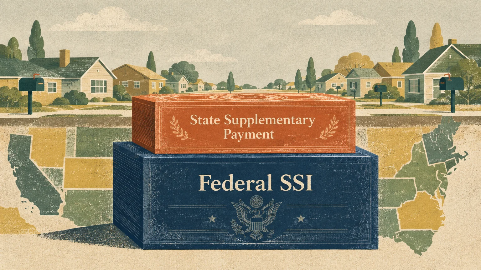 Illustration of stacked blocks labeled Federal SSI and State Supplementary Payment against a neighborhood and US map.