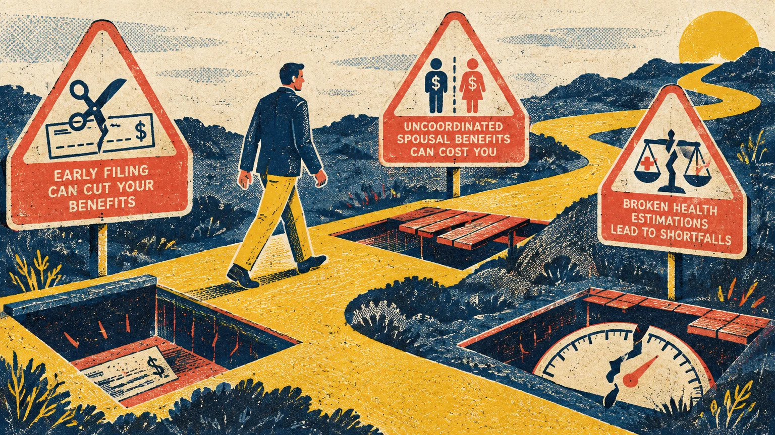 Illustration of a man walking a winding path with pitfalls and warning signs about retirement claiming mistakes.