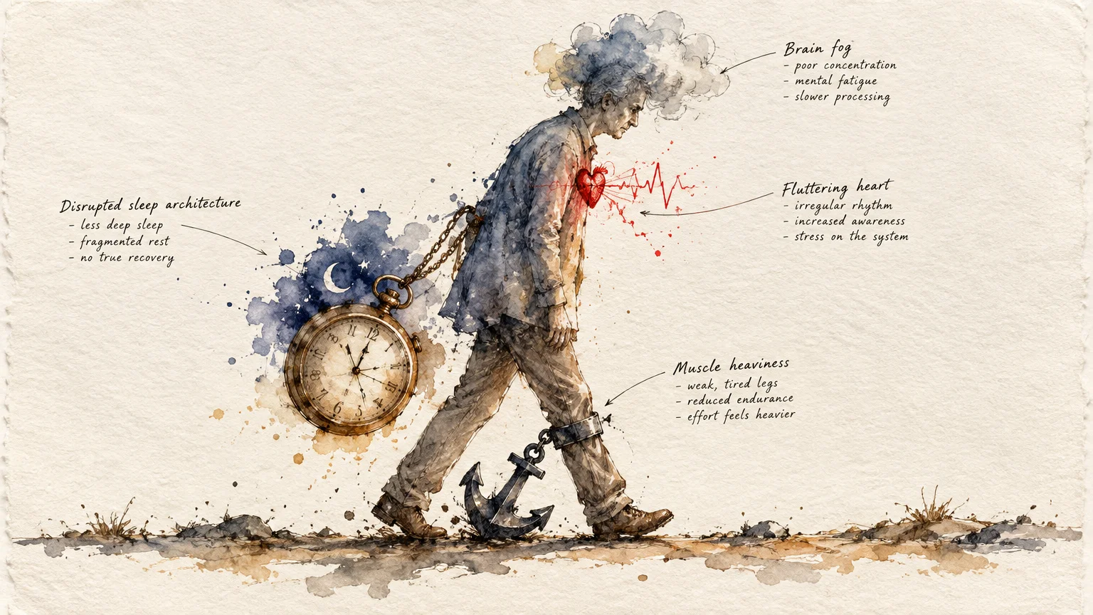 Illustration of a weary man walking while chained to a clock and anchor, annotated with physical fatigue symptoms.