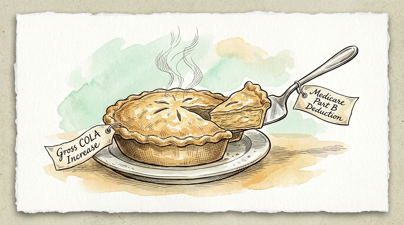 Watercolor illustration of a pie labeled Gross COLA Increase with a lifted slice labeled Medicare Part B Deduction.