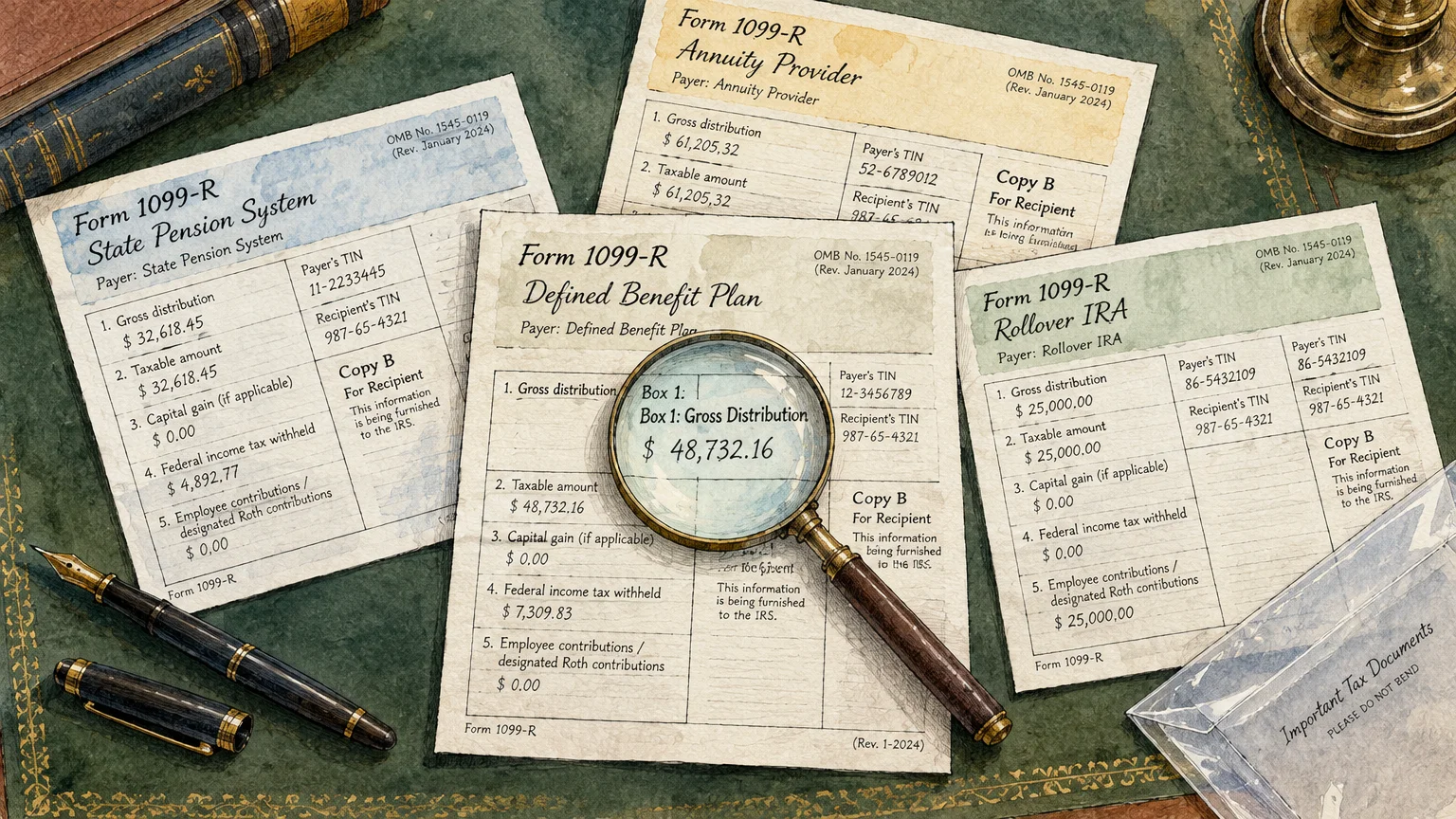 Illustration of multiple Form 1099-R tax documents on a desk with a magnifying glass examining gross distributions.
