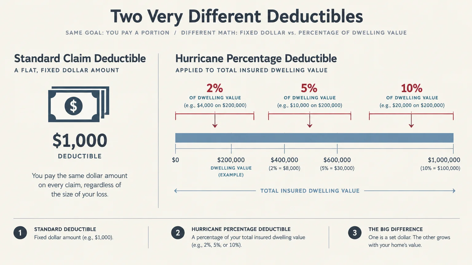 Infographic comparing a flat $1,000 deductible with hurricane percentage deductibles calculated on insured dwelling value.