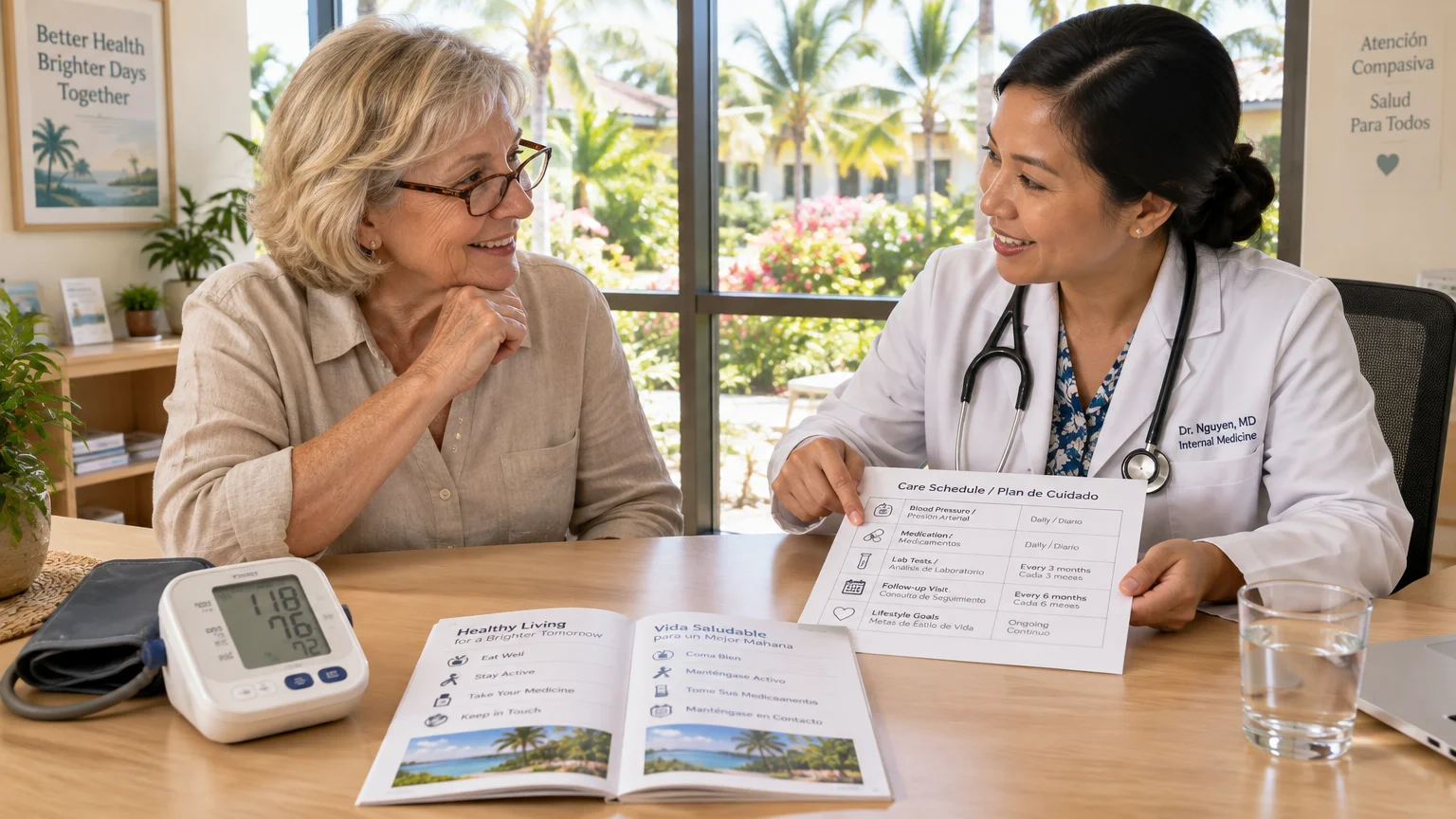 A smiling doctor points to a bilingual care schedule on a desk while consulting with an older woman.
