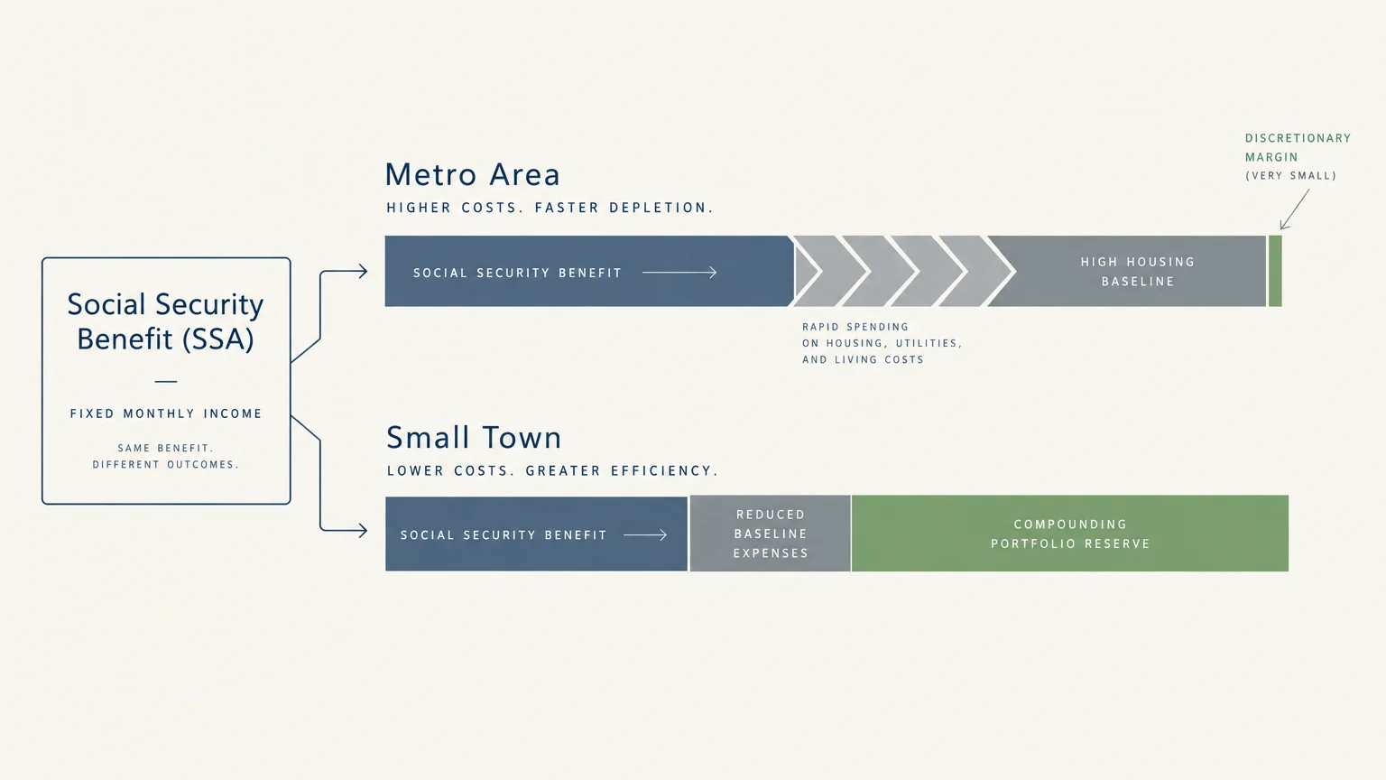 Diagram comparing Social Security spending efficiency and remaining margins between a metro area and a small town.