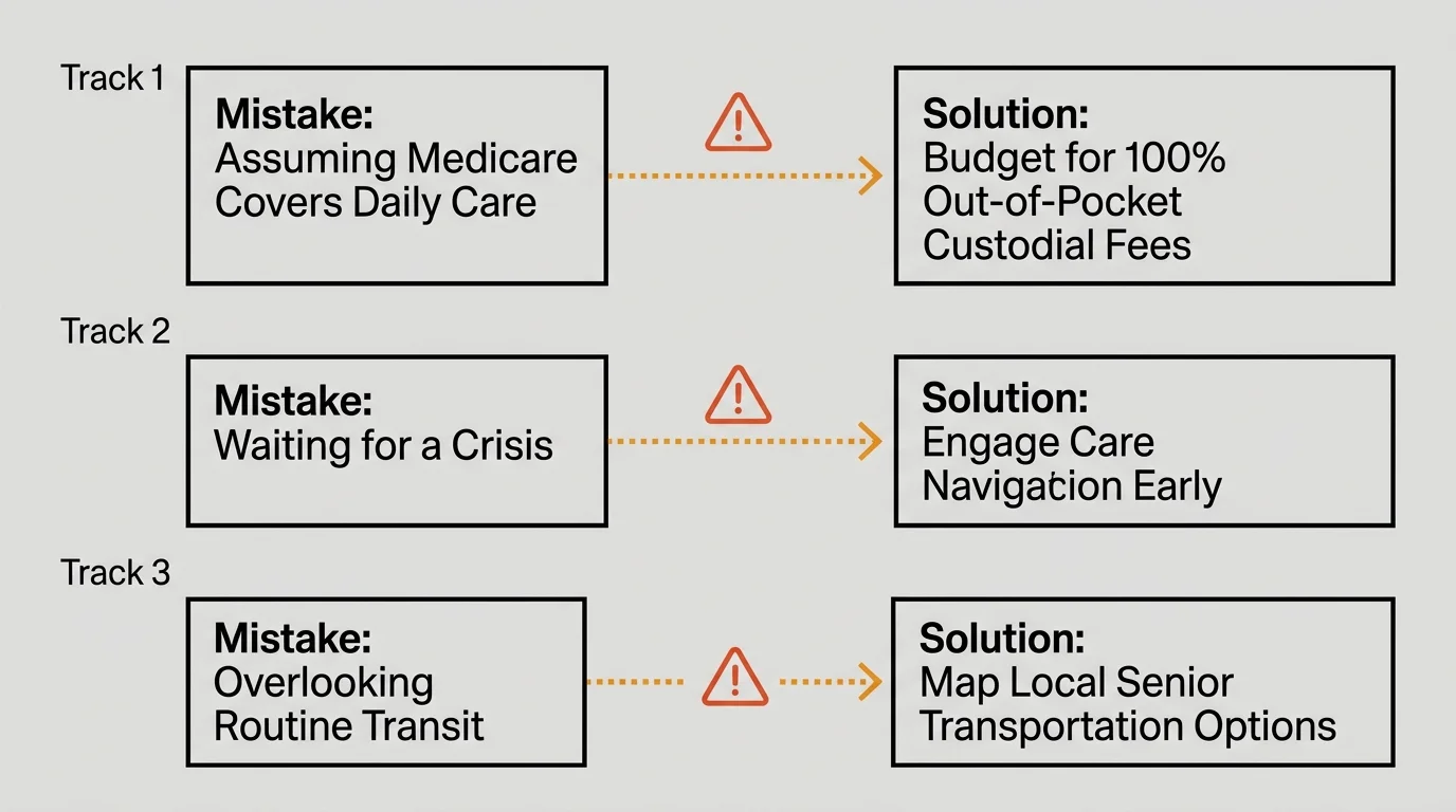 Diagram with three tracks pairing caregiving mistakes with solutions, separated by orange warning triangles and dotted arrows.