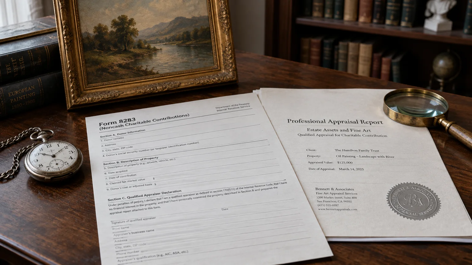 IRS Form 8283 and a professional appraisal report on a desk beside an antique pocket watch, painting, and magnifying glass.