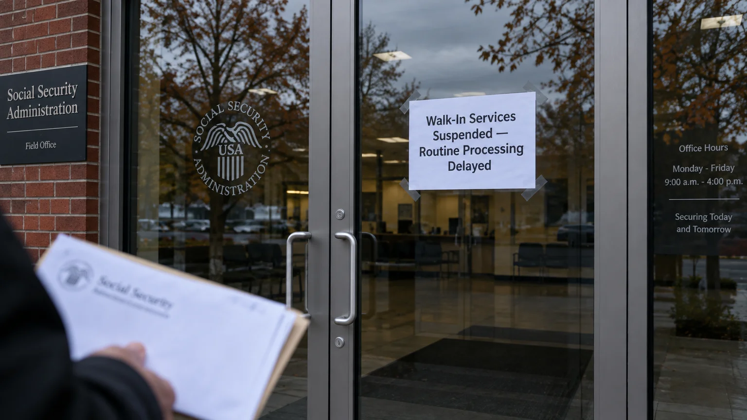 A sign taped to the glass doors of a Social Security Administration office states walk-in services are suspended.