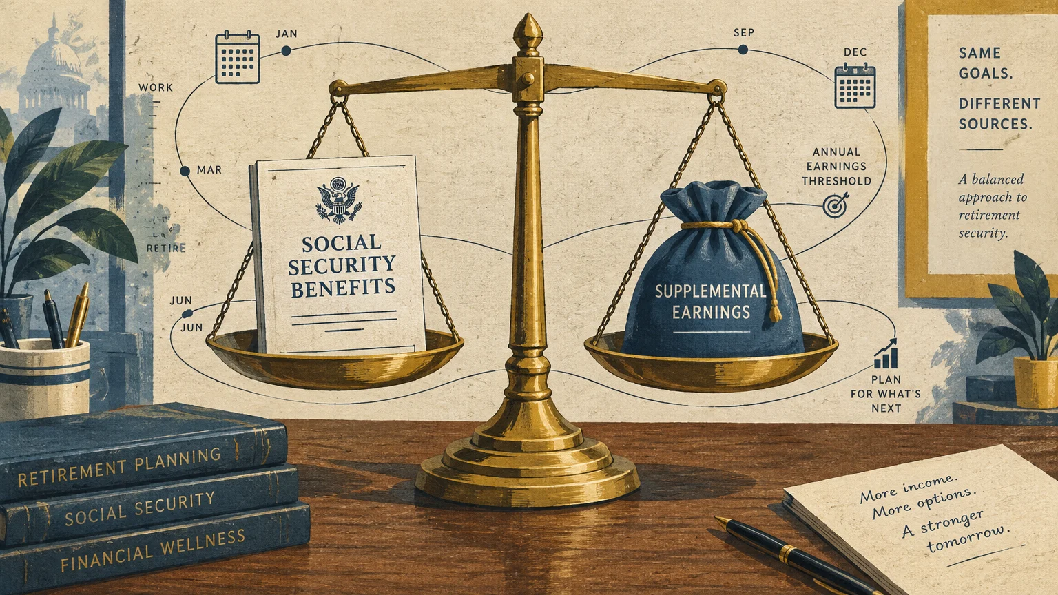A brass scale balancing a Social Security benefits document against a pouch labeled supplemental earnings on a desk.