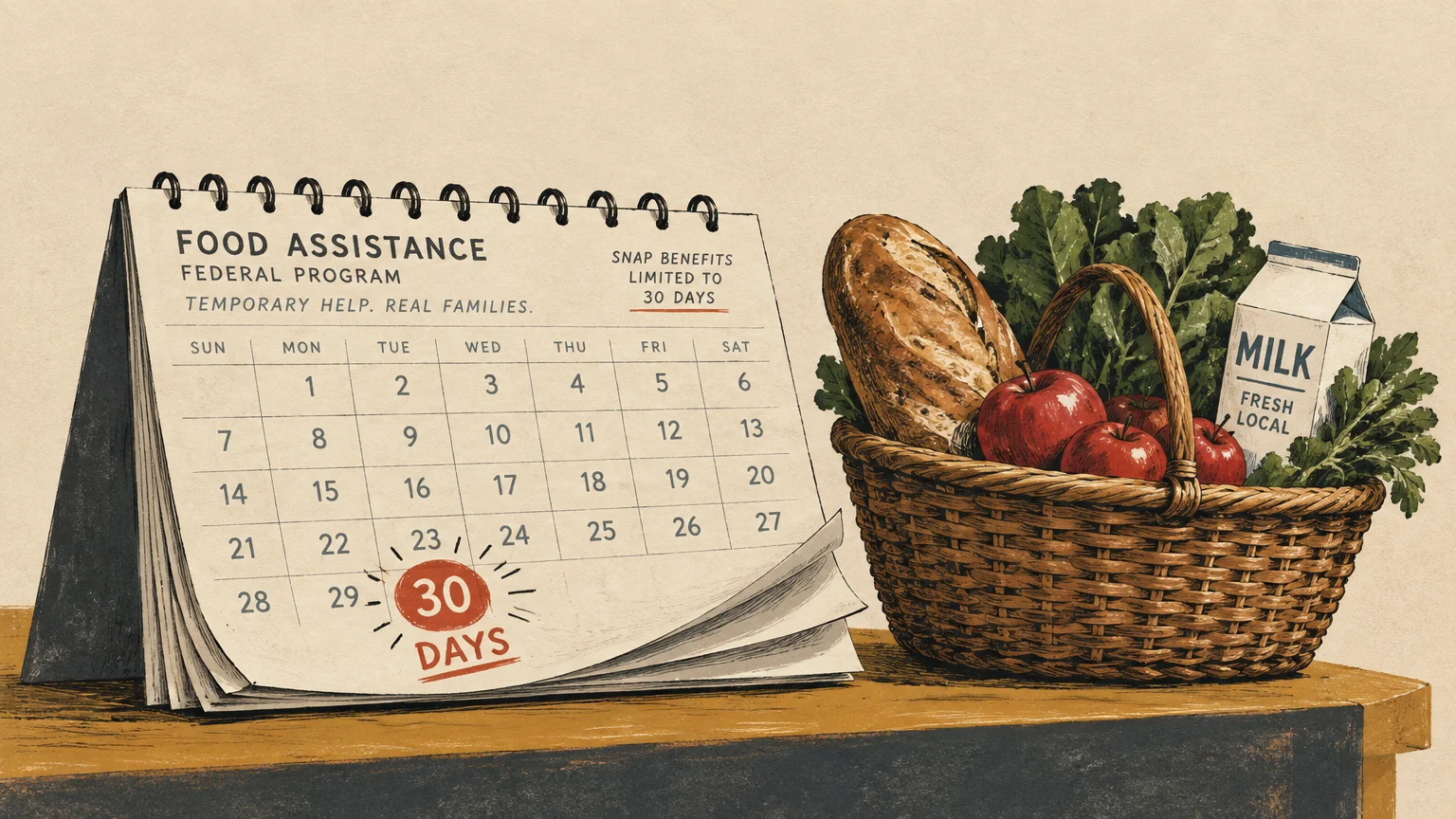 Illustration of a desk calendar highlighting 30 days next to a wicker basket filled with bread, apples, greens, and milk.