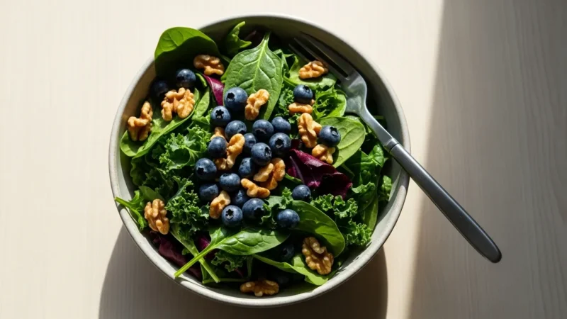 A close-up of a colorful salad in a bowl, featuring leafy greens, blueberries, and walnuts, lit by bright morning sun.