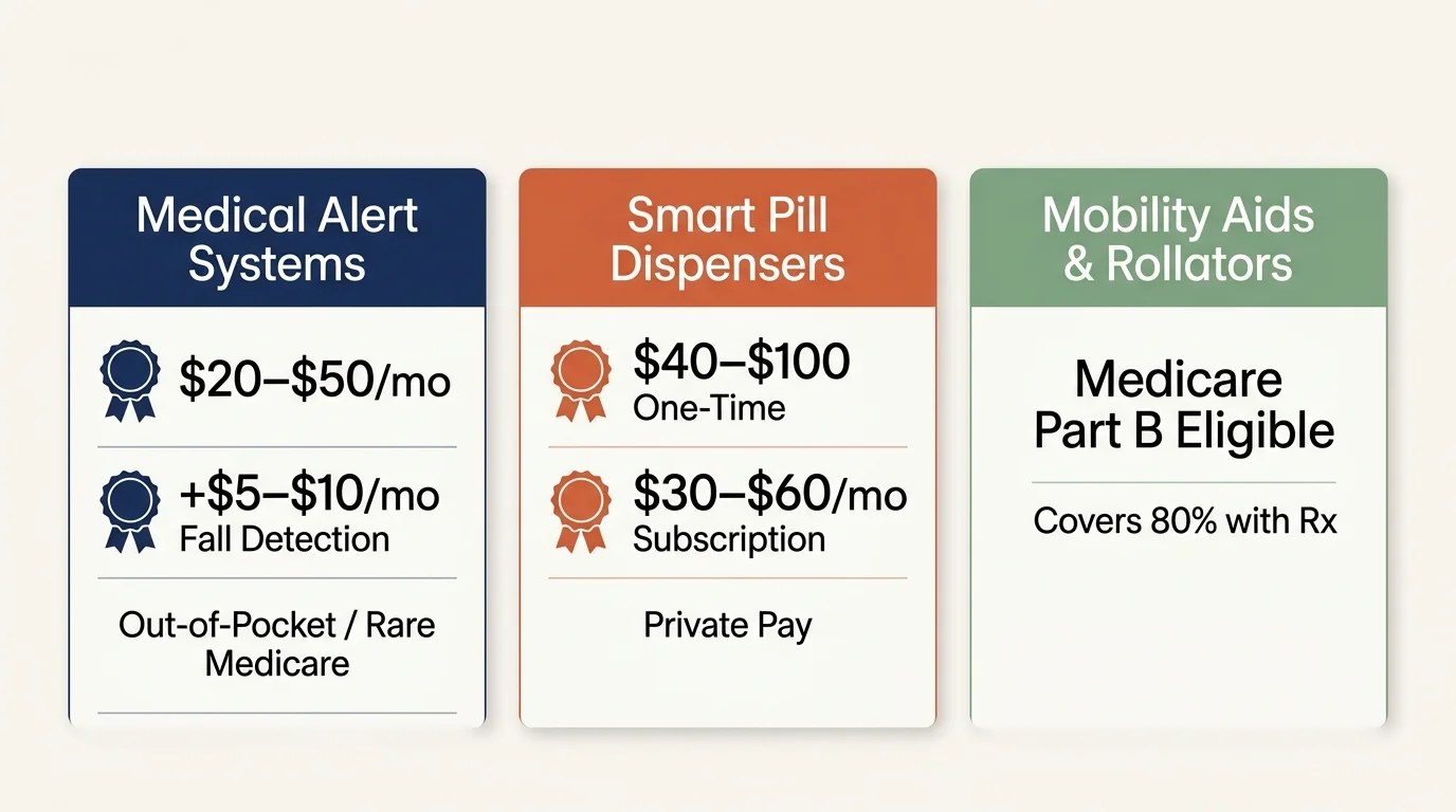 Comparison cards showing costs and Medicare coverage for medical alert systems, pill dispensers, and mobility aids.