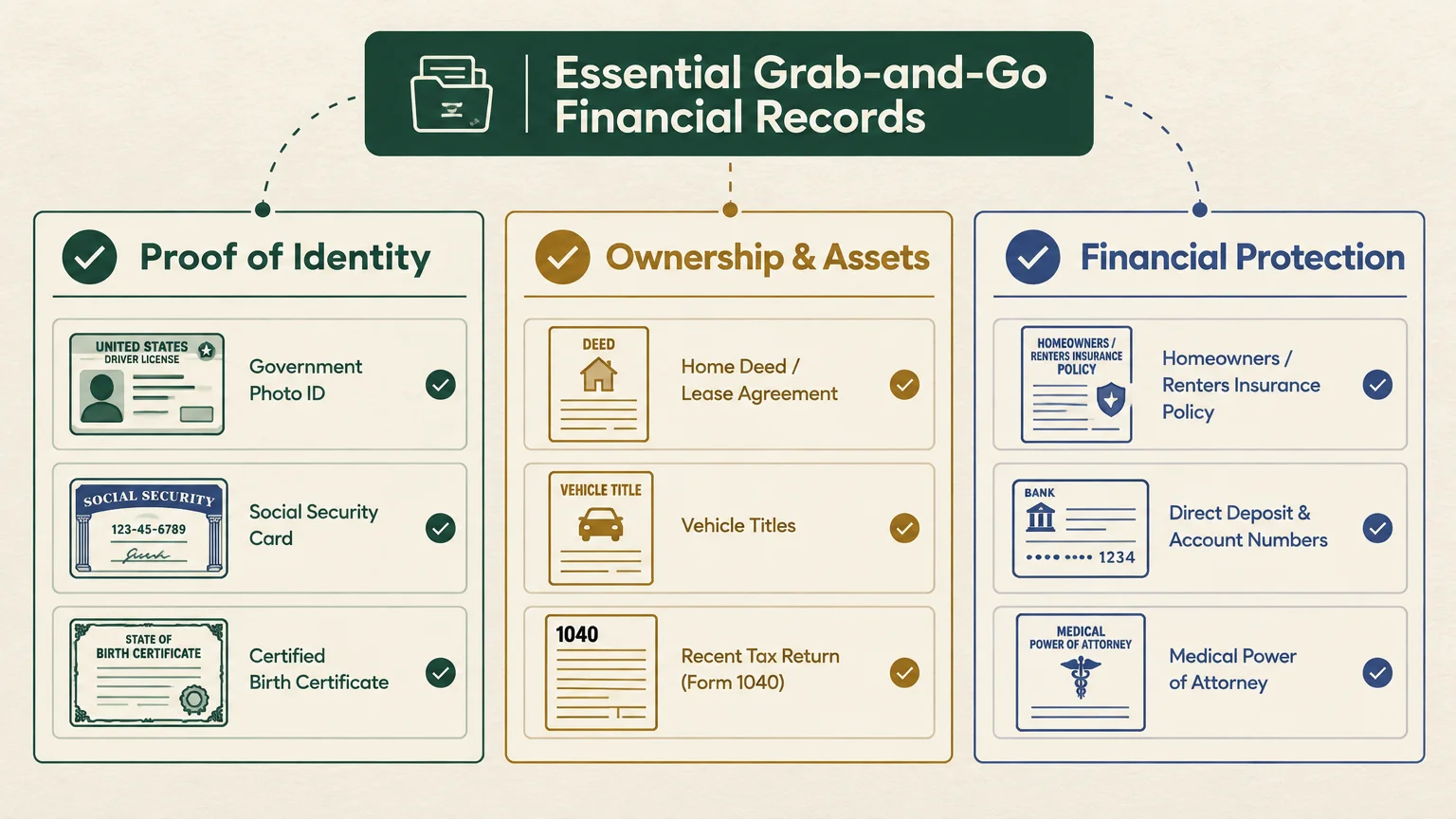 Diagram outlining nine grab-and-go financial records organized under Proof of Identity, Ownership and Assets, and Financial Protection.