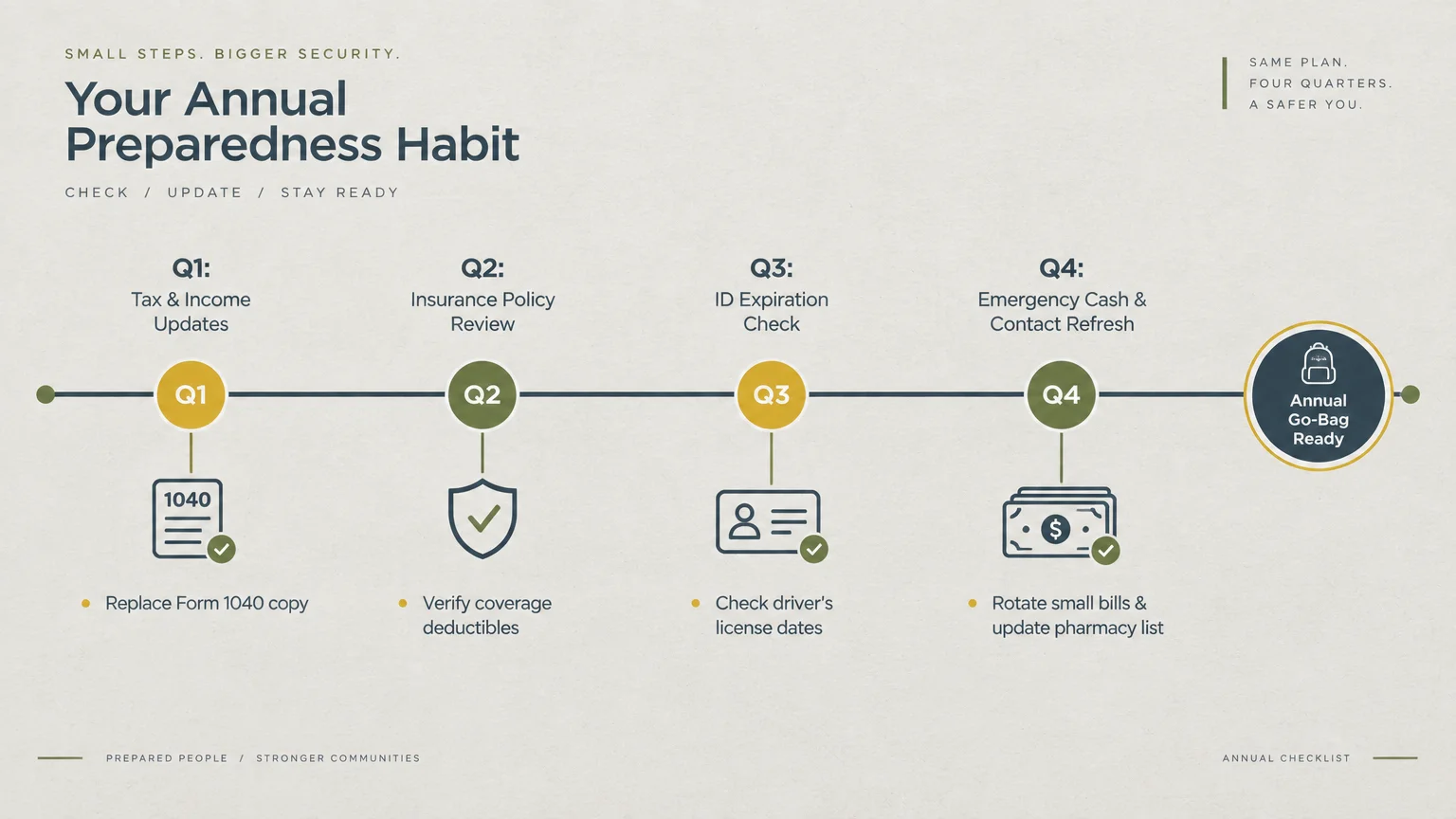 Infographic timeline showing four quarterly steps: Q1 tax updates, Q2 insurance review, Q3 ID check, and Q4 cash refresh.