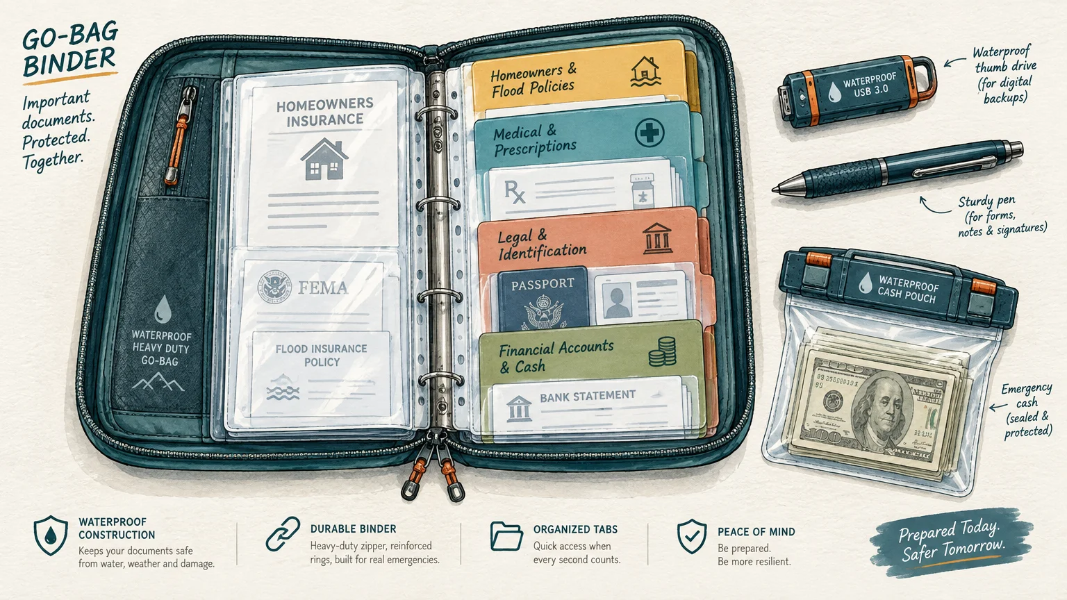 Illustration of an open zippered binder with labeled document sleeves beside a waterproof USB drive, pen, and cash pouch.