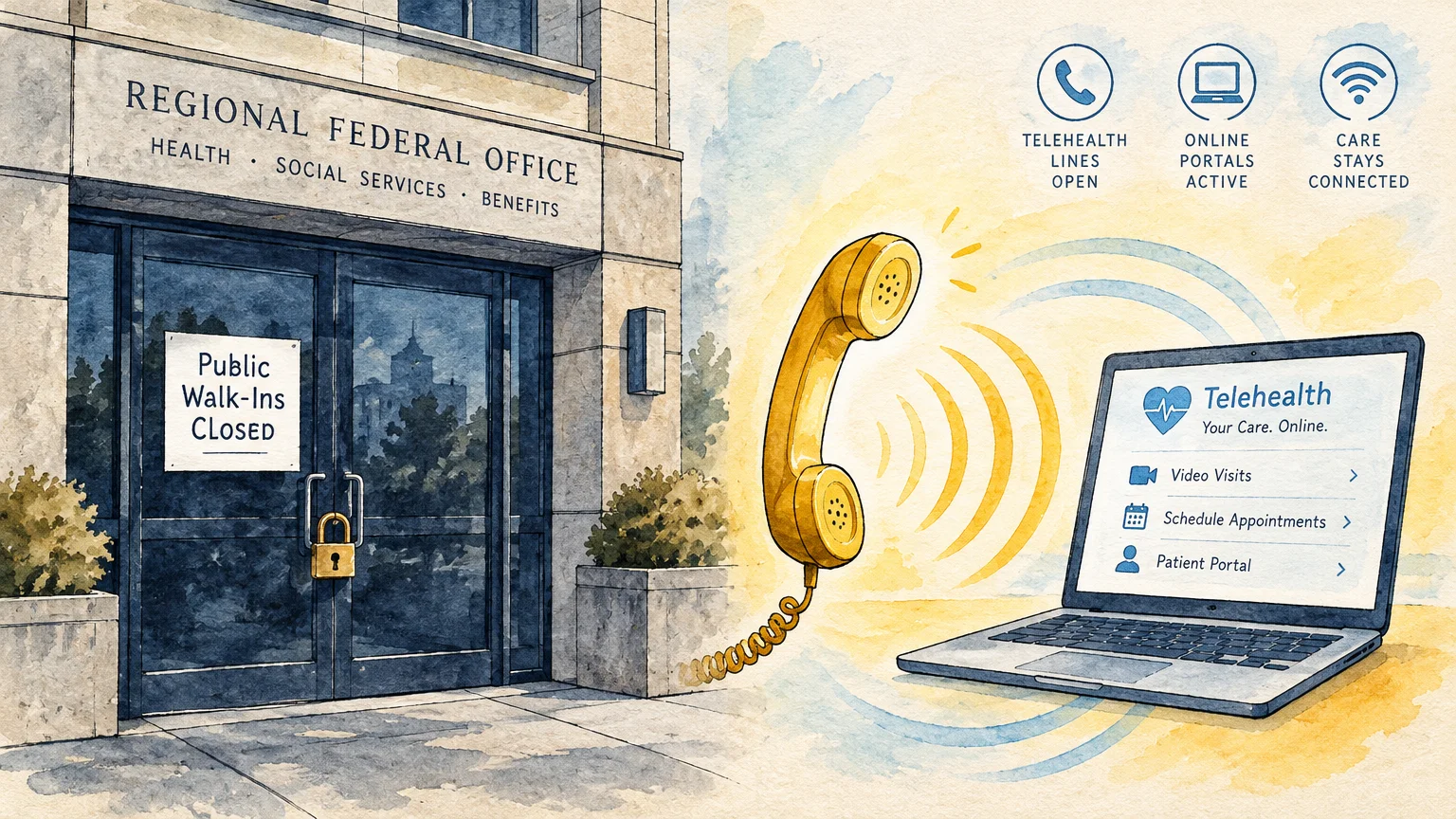 Locked doors of a regional federal office beside a yellow telephone handset and a laptop displaying a telehealth portal.