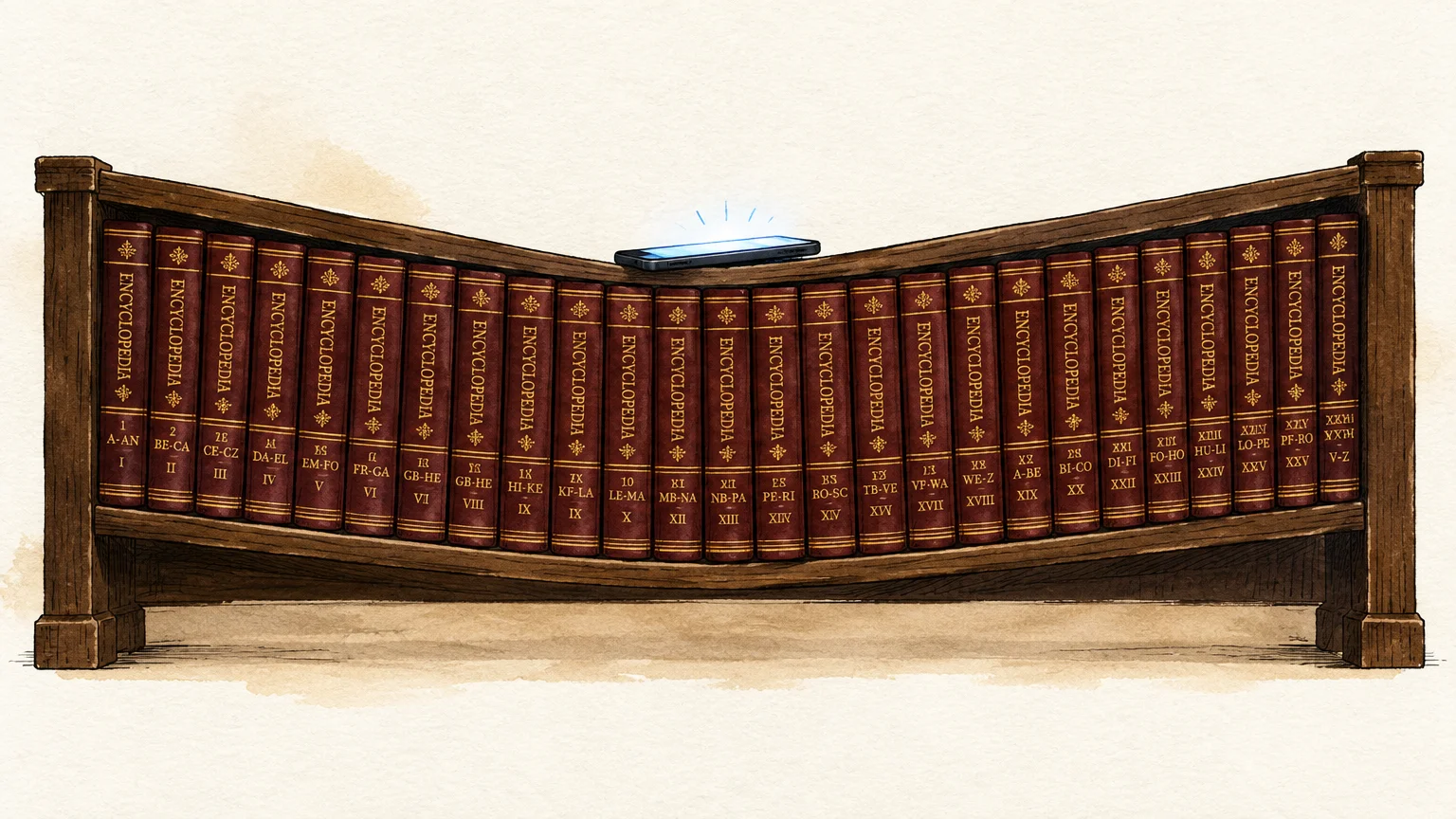 Illustration of a wooden bookshelf sagging under heavy brown encyclopedia volumes while a glowing smartphone rests on top.