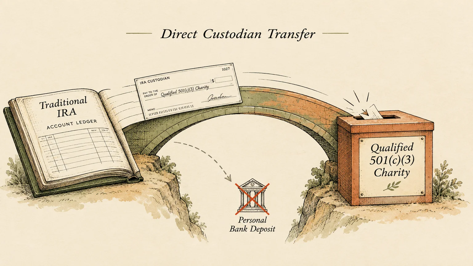 Illustration of a bridge connecting an IRA ledger to a charity donation box, bypassing a crossed-out personal bank deposit.