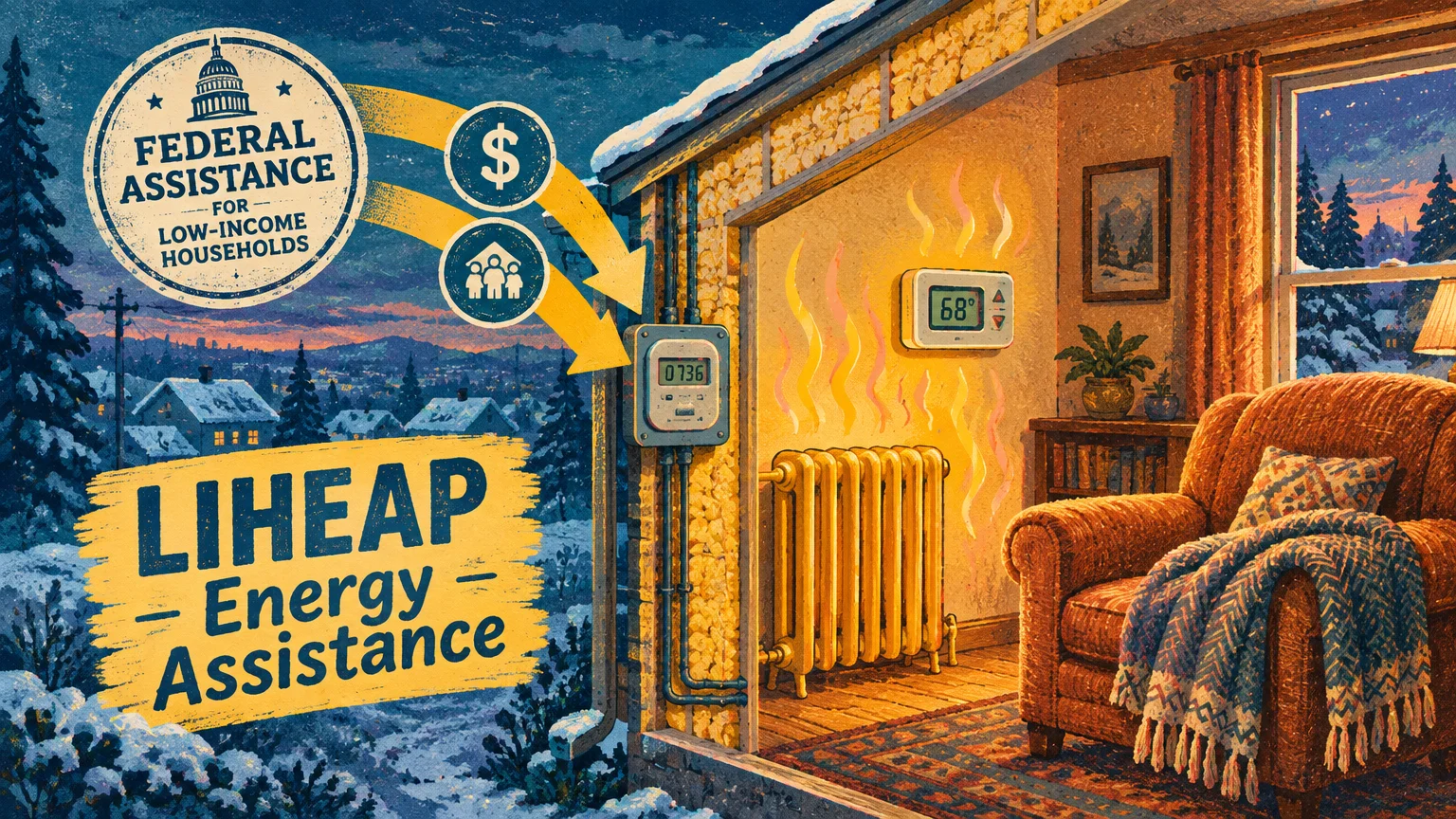 Cozy heated living room in winter next to LIHEAP Energy Assistance graphics and arrows flowing to a utility meter.