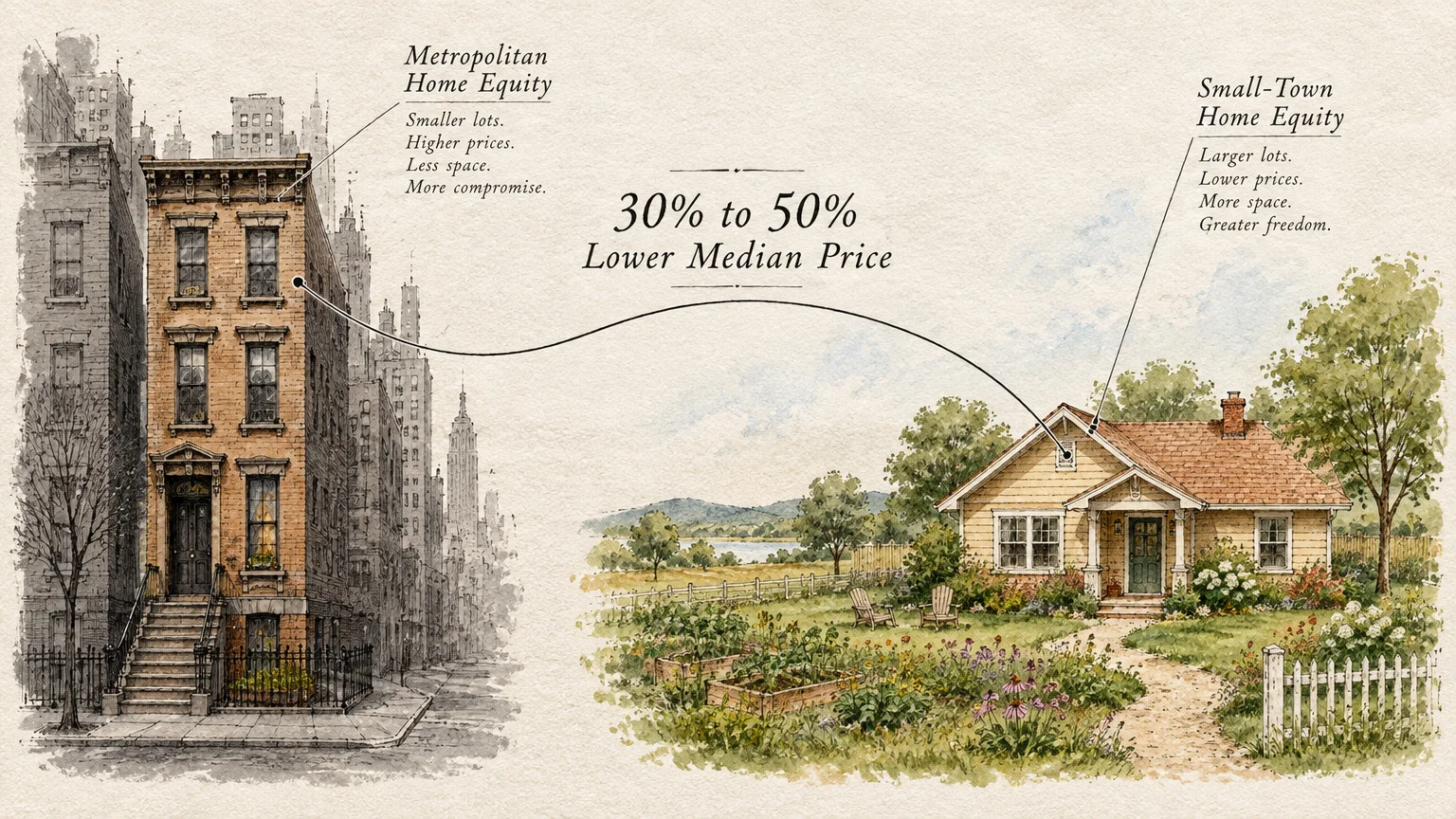 Split illustration contrasting a city brownstone townhouse with a rural cottage featuring a large garden and picket fence.