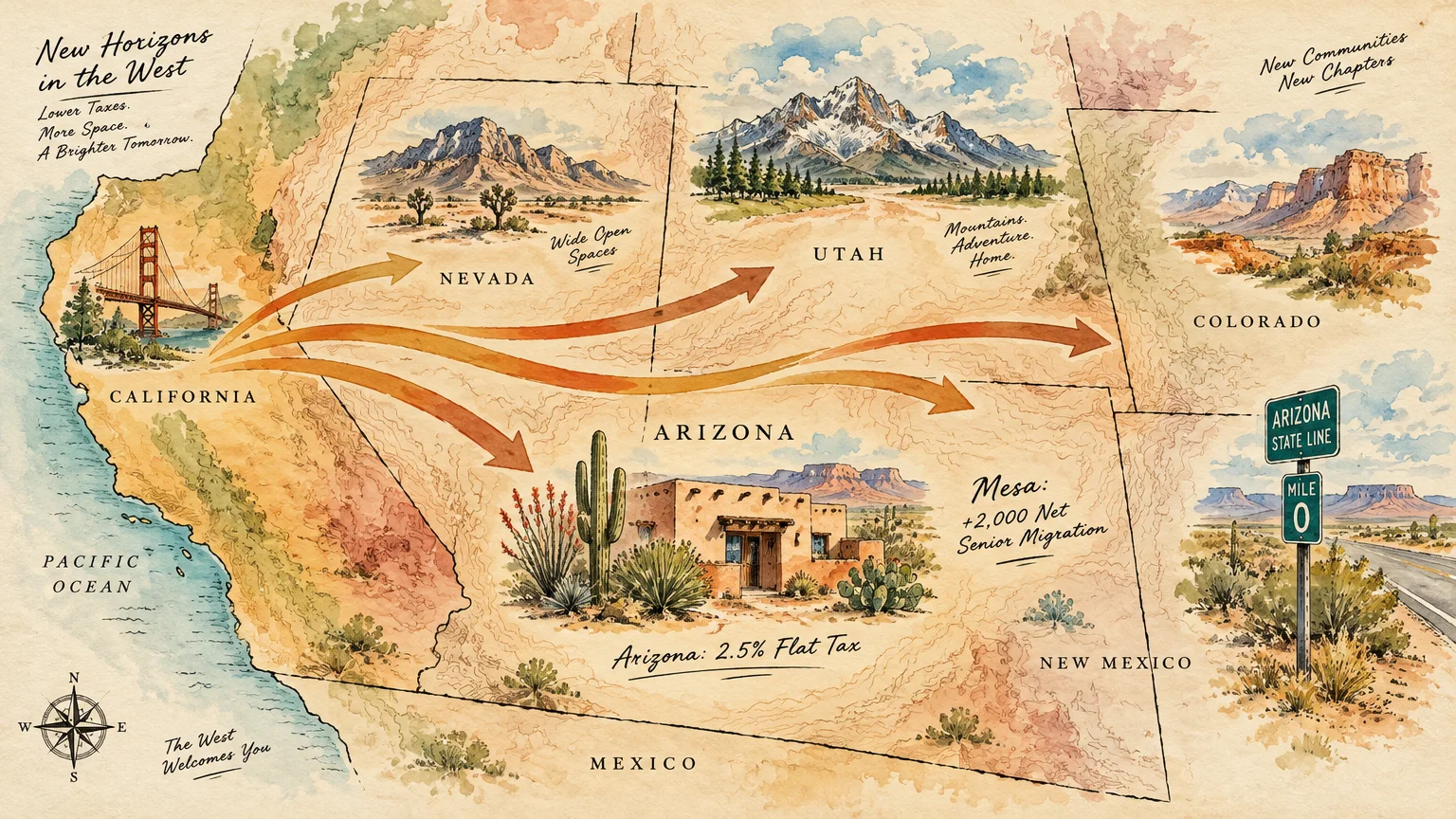 Illustrated watercolor map showing arrows pointing from California toward Nevada, Utah, Arizona, and Colorado.
