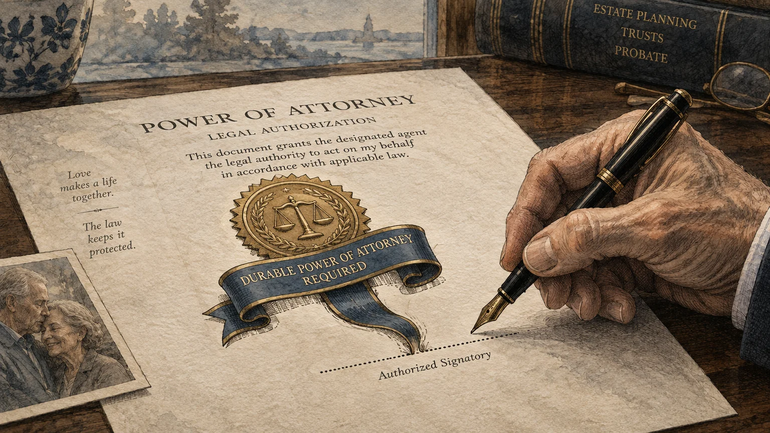 Aging hand holding a fountain pen over a Power of Attorney document beside an estate planning book and couple's photo.