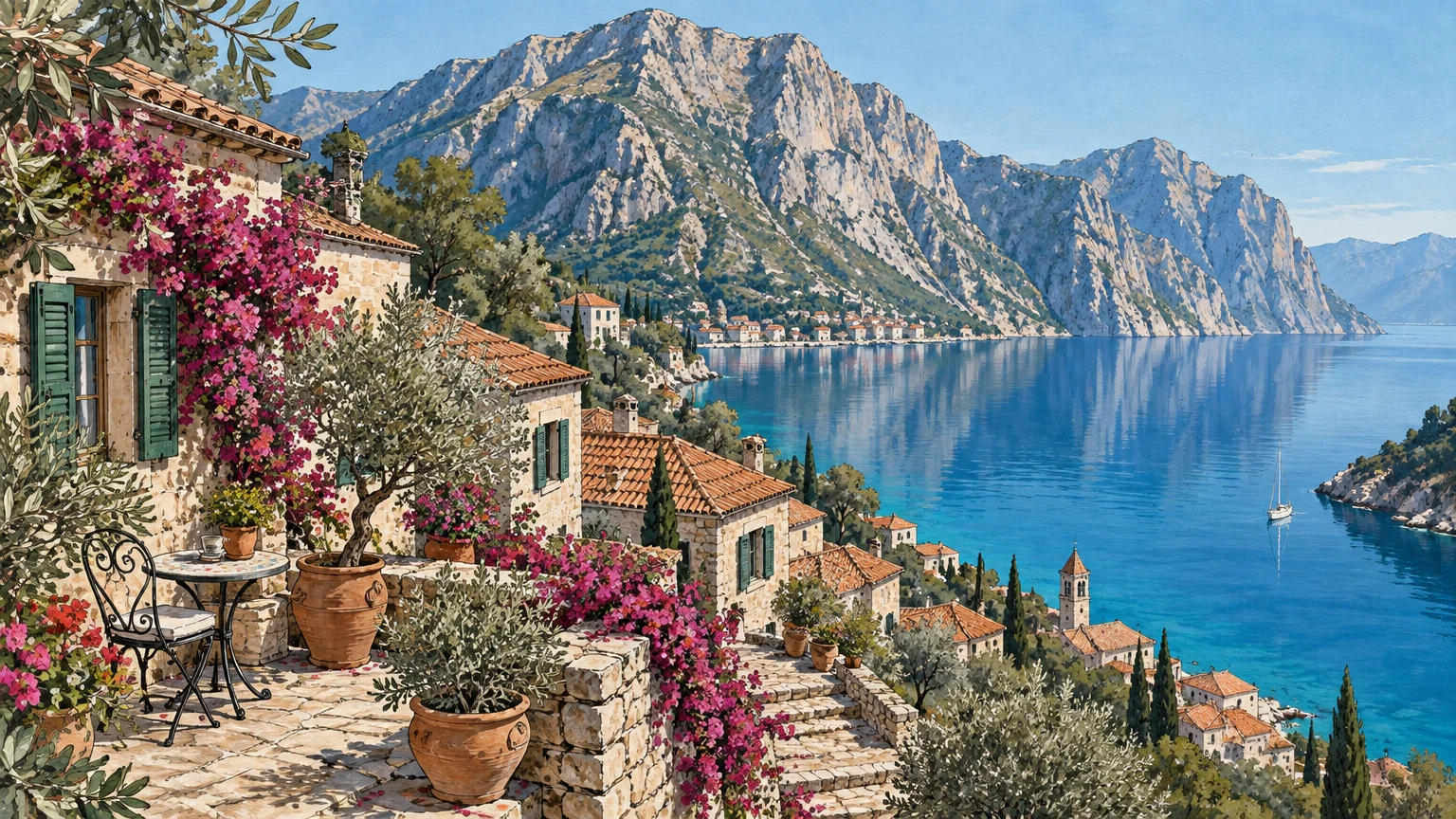 Illustration of a Mediterranean stone terrace with flowers overlooking a bay, coastal village, and rugged mountains.