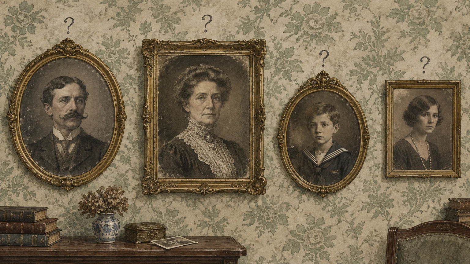 Four vintage framed portraits in ornate gold frames hang on floral wallpaper, each topped with a question mark.