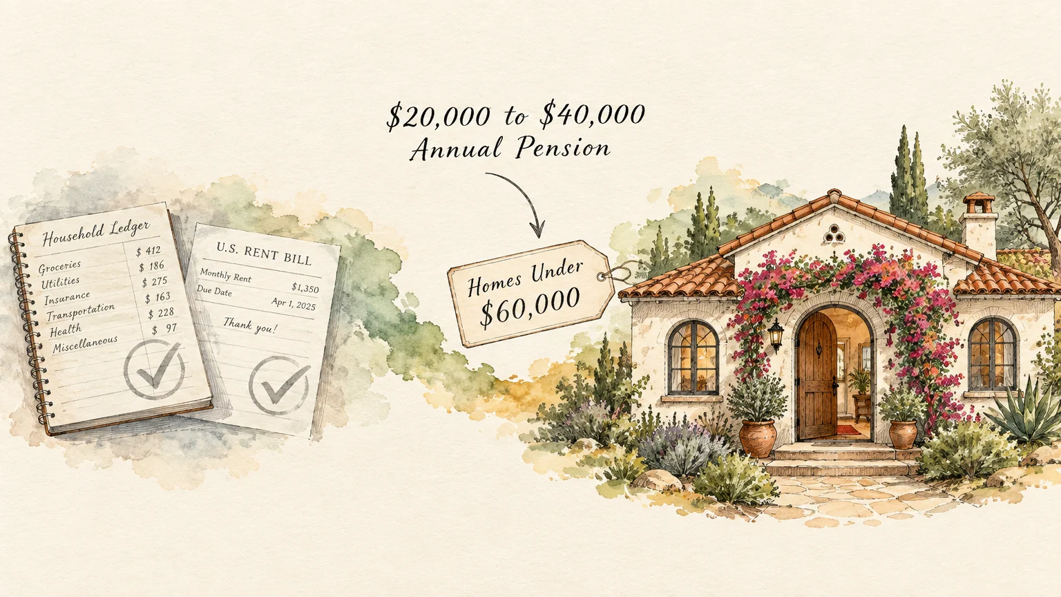 Watercolor of a household ledger, rent bill, and a stucco cottage with a price tag reading "Homes Under $60,000".